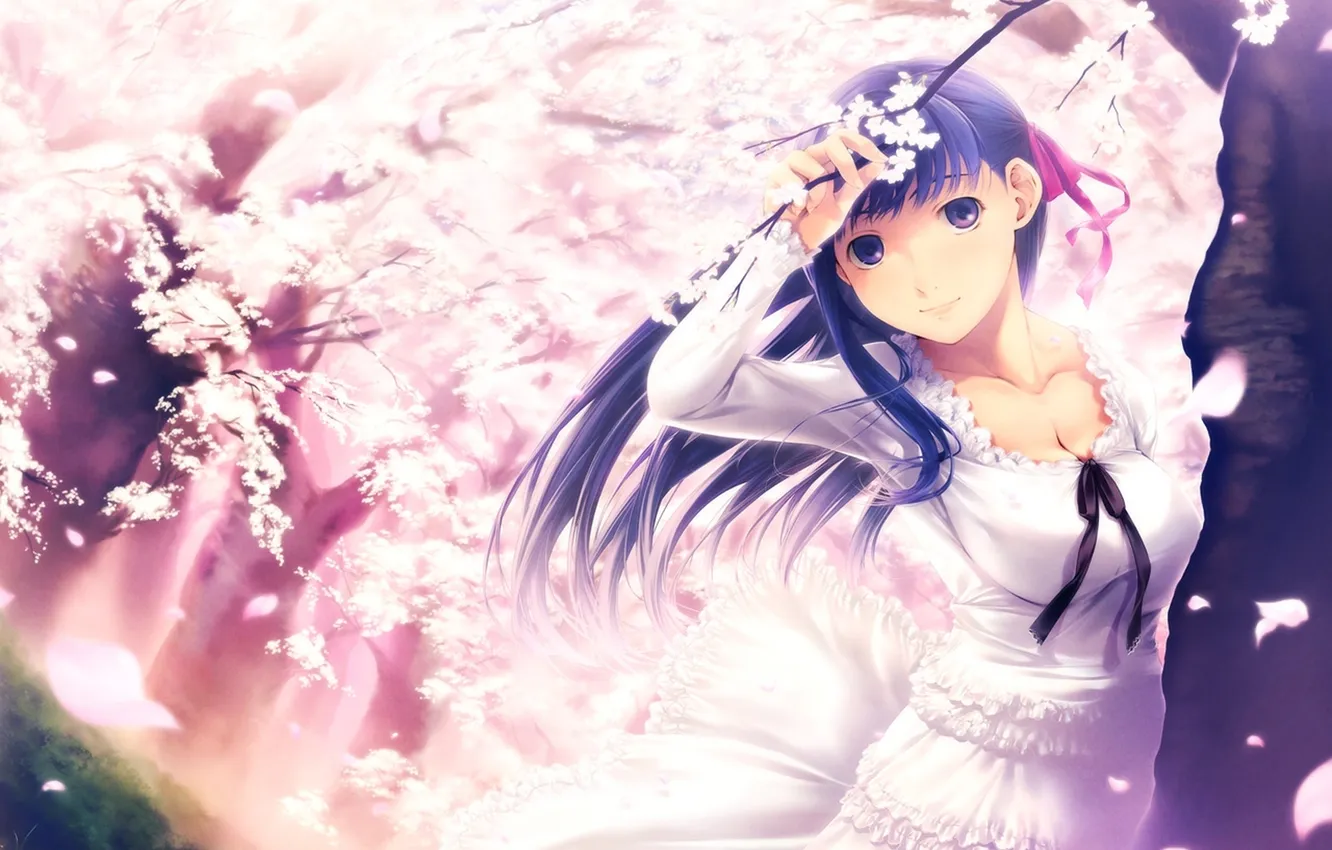 Photo wallpaper girl, flowers, smile, the wind, petals