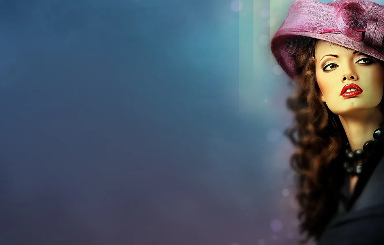 Photo wallpaper look, girl, figure, hat, lipstick, art, hat, curls