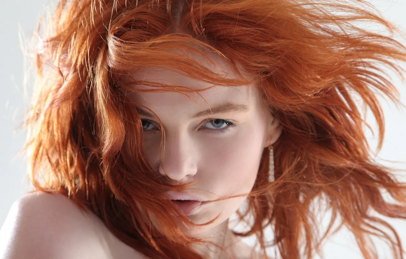 Photo wallpaper look, girl, face, hair, portrait, red