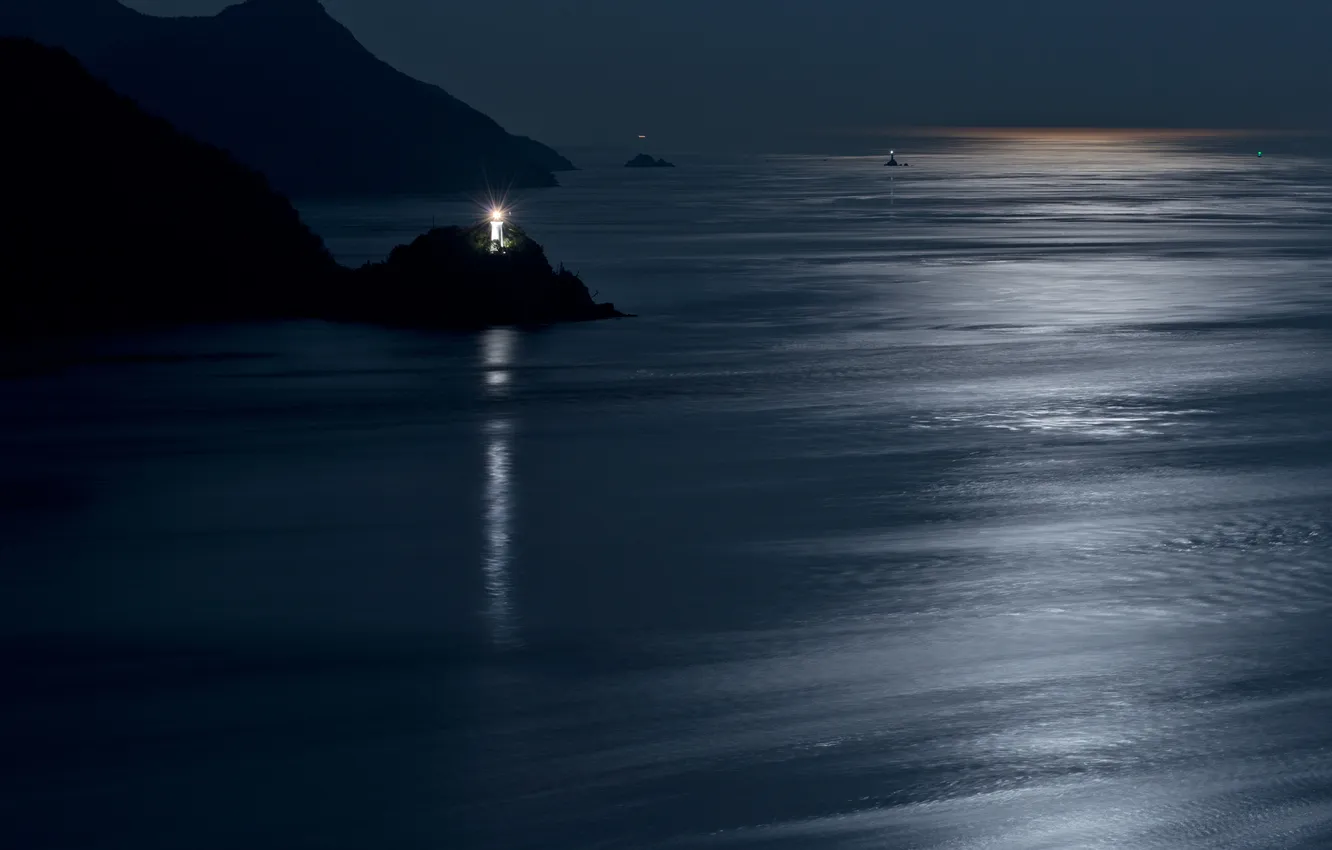 Photo wallpaper sea, night, rocks, lighthouse