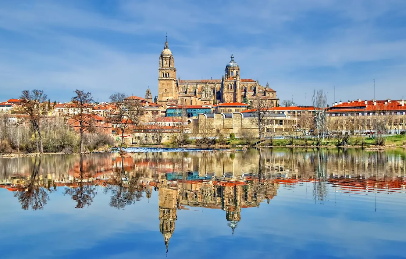 Photo wallpaper landscape, river, home, Cathedral, Spain, Salamanca, Tormes