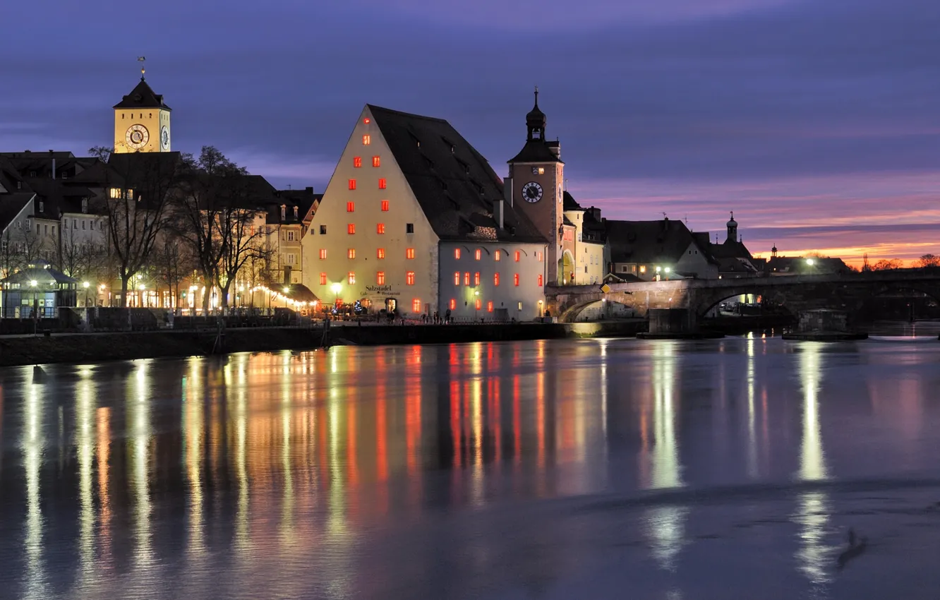 Photo wallpaper night, bridge, city, river, watch, Germany, Bayern, restaurant