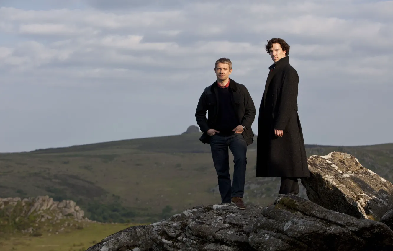 Photo wallpaper landscape, rocks, Sherlock Holmes, Martin Freeman, Benedict Cumberbatch, Sherlock, Sherlock BBC, Sherlock Holmes