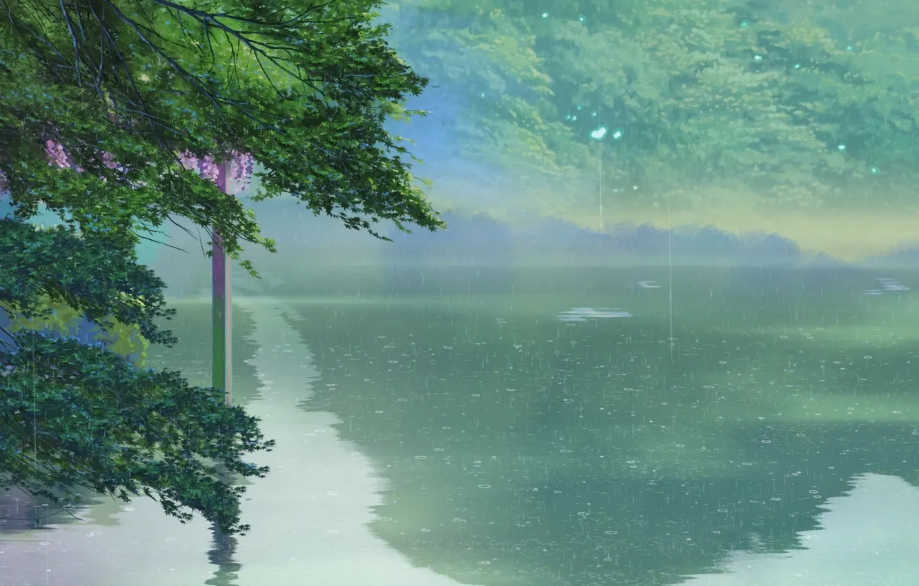 Photo wallpaper Lake, Trees, Rain, Anime, Makoto Xingkai, Anime, Trees, The Garden Of Words