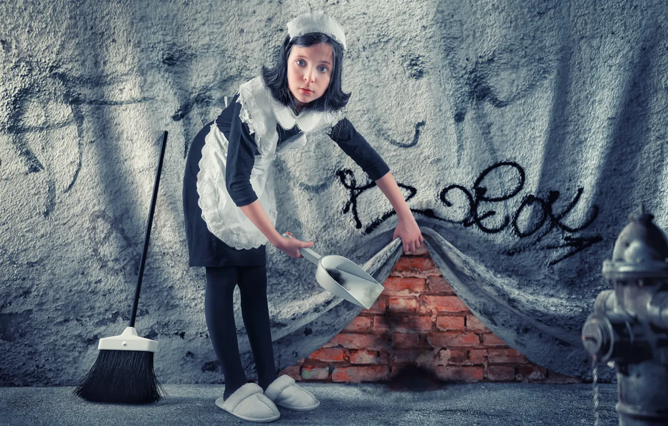 Photo wallpaper wall, cleaning, girl