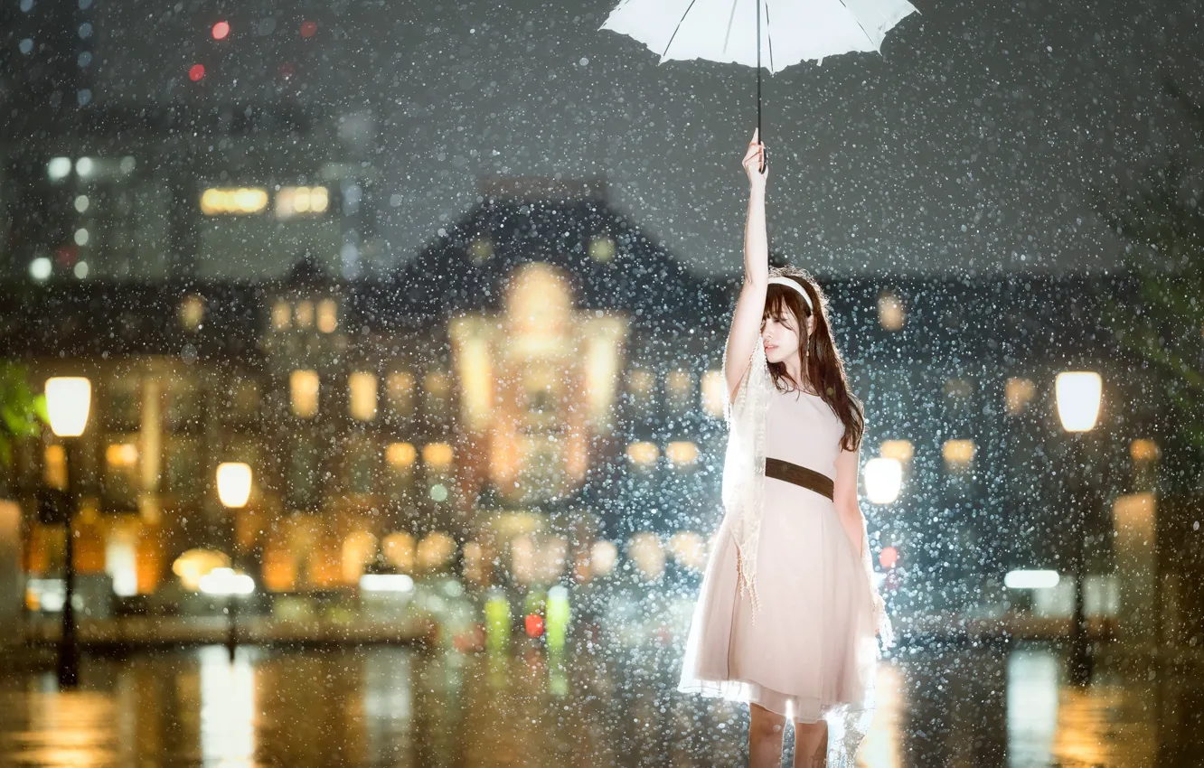 Photo wallpaper girl, snow, the city, umbrella, mood, the situation, dress, Asian