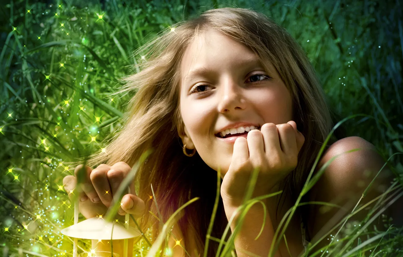 Photo wallpaper grass, girl, smile, hair