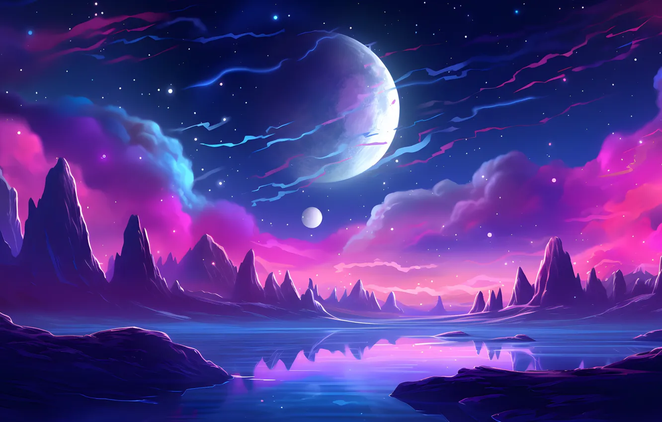 Photo wallpaper stars, clouds, mountains, lake, planet, beauty, haze, Other Worlds