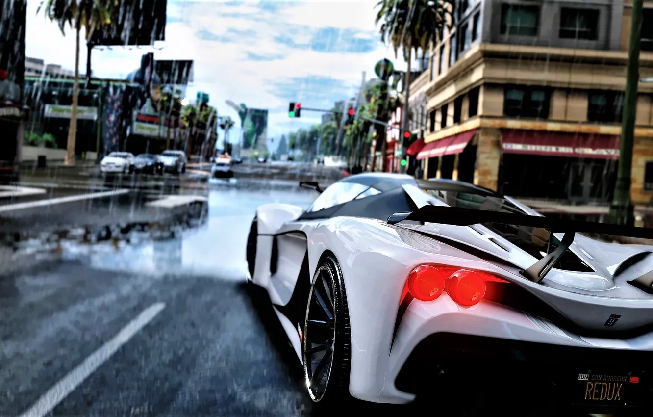 Photo wallpaper Auto, The game, Rain, Art, Sports car, GTA V, Render, Grand Theft Auto V