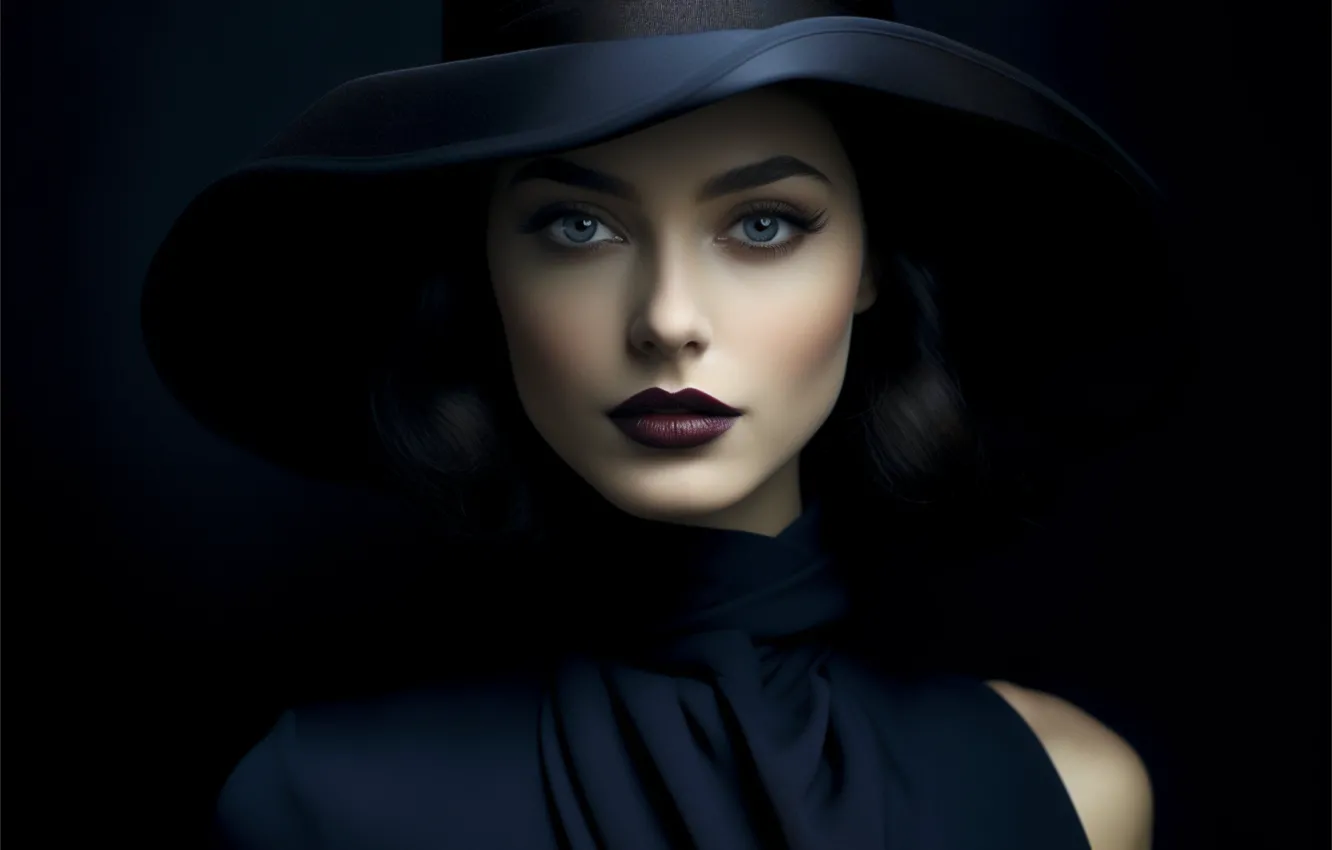 Photo wallpaper look, girl, face, portrait, hat, makeup, brunette, black background