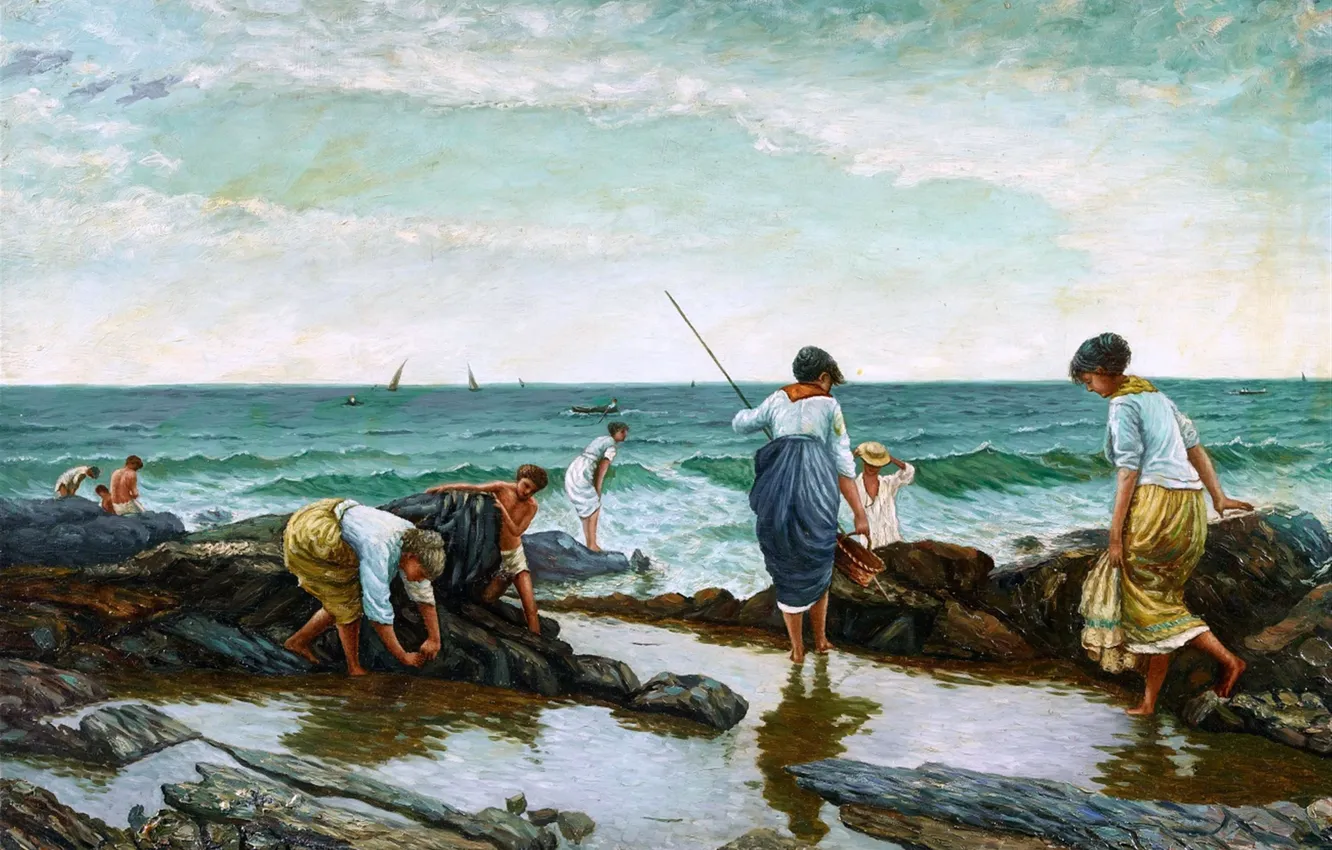 Photo wallpaper Water, People, Picture, Coast, Peder Mork Monsted, Danish painter, Peder Mork Monsted, On the sea …