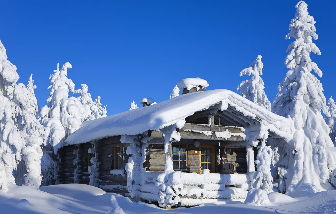 Photo wallpaper winter, snow, hut, Skid, hut