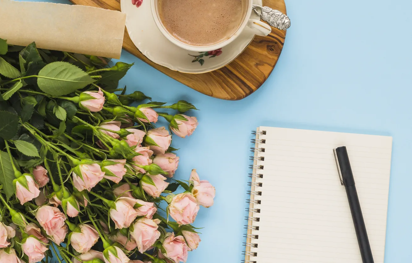 Photo wallpaper coffee, bouquet, Notepad