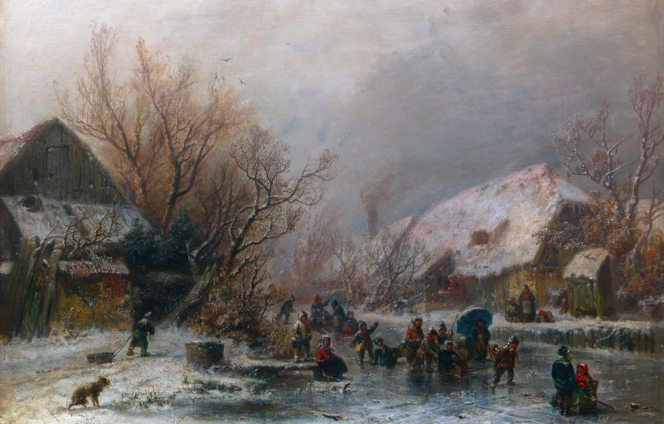 Photo wallpaper ice, winter, children, home, picture, German painter, Adolf Stade Man, Adolf Studemann