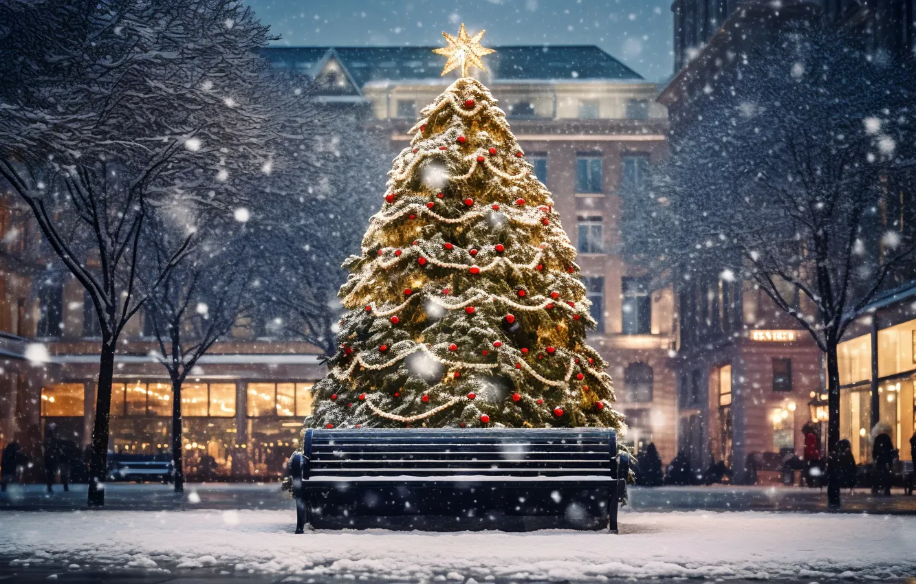 Photo wallpaper winter, snow, decoration, trees, bench, toy, tree, new year