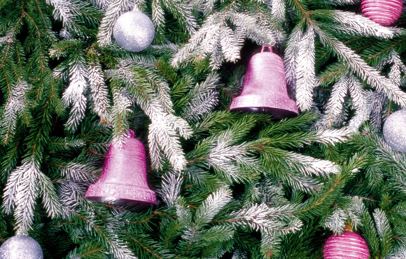 Photo wallpaper snow, tree, new year, bells