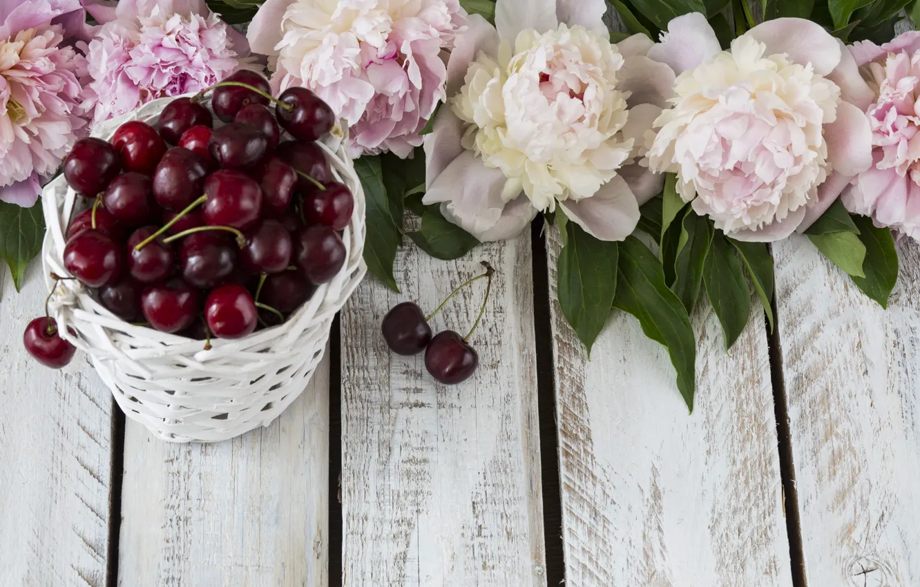 Photo wallpaper flowers, berries, wood, cherry, pink, flowers, peonies, cherry