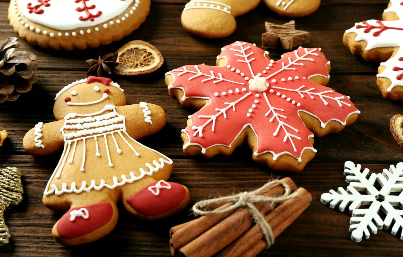 Photo wallpaper snowflakes, cookies, cinnamon, glaze, gingerbread men