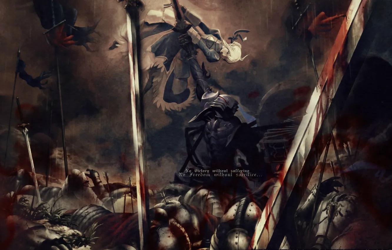 Photo wallpaper weapons, blood, armor, flags, the battle, battlefield, Saber, Fate Zero