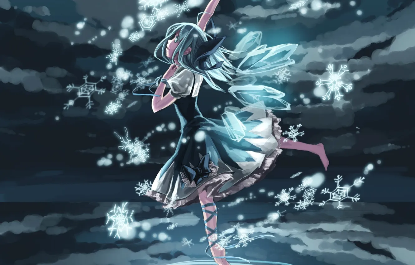 Photo wallpaper the sky, water, girl, clouds, snowflakes, night, art, bow