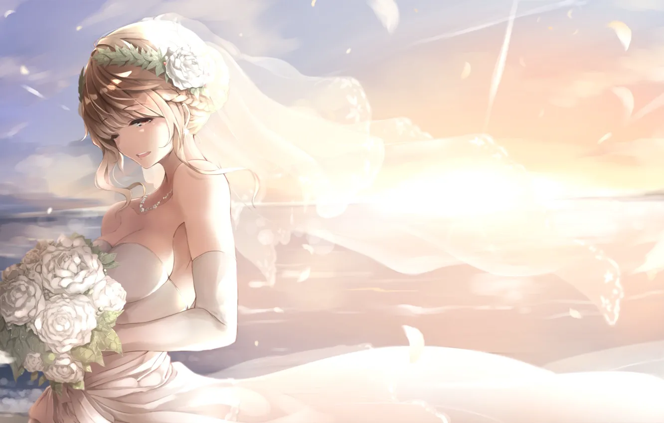 Photo wallpaper girl, bouquet, anime, art, the bride