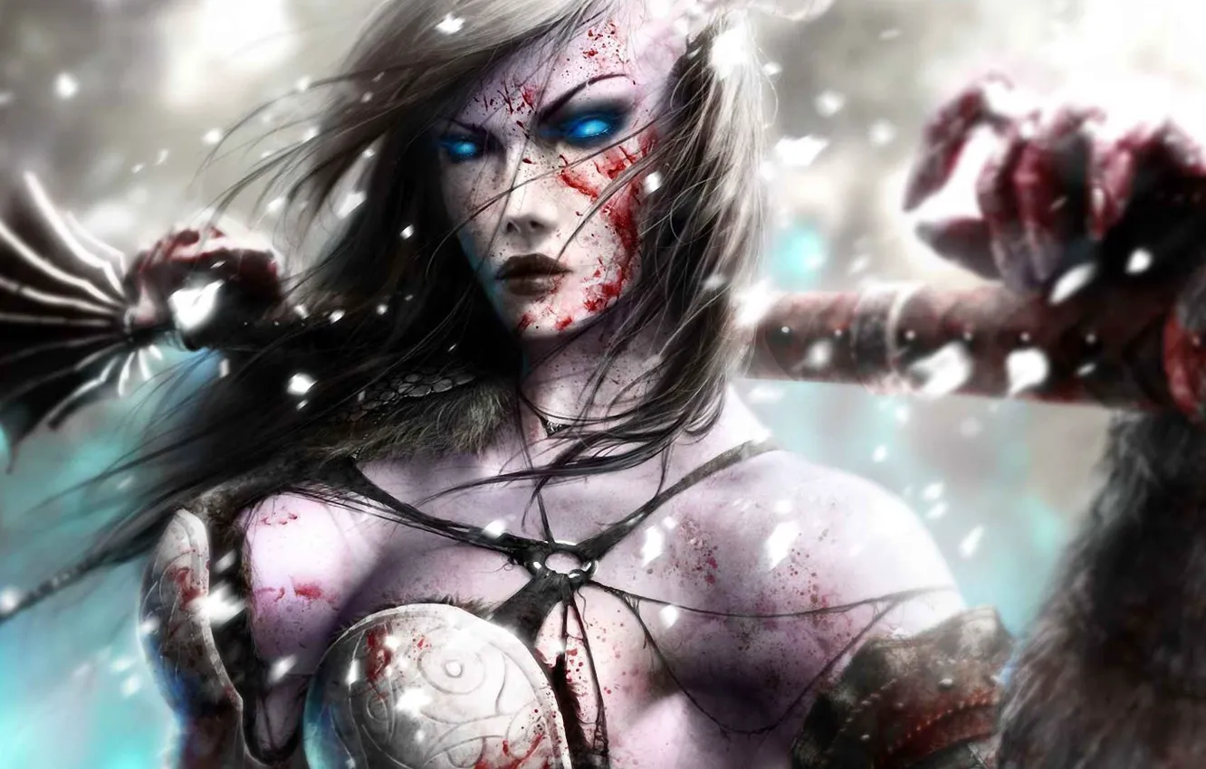 Photo wallpaper girl, weapons, blood, armor