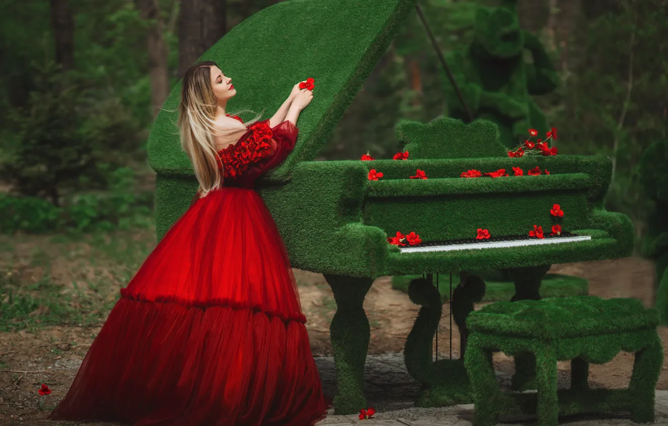 Photo wallpaper look, girl, flowers, pose, moss, piano, red dress, Diana Lipkina