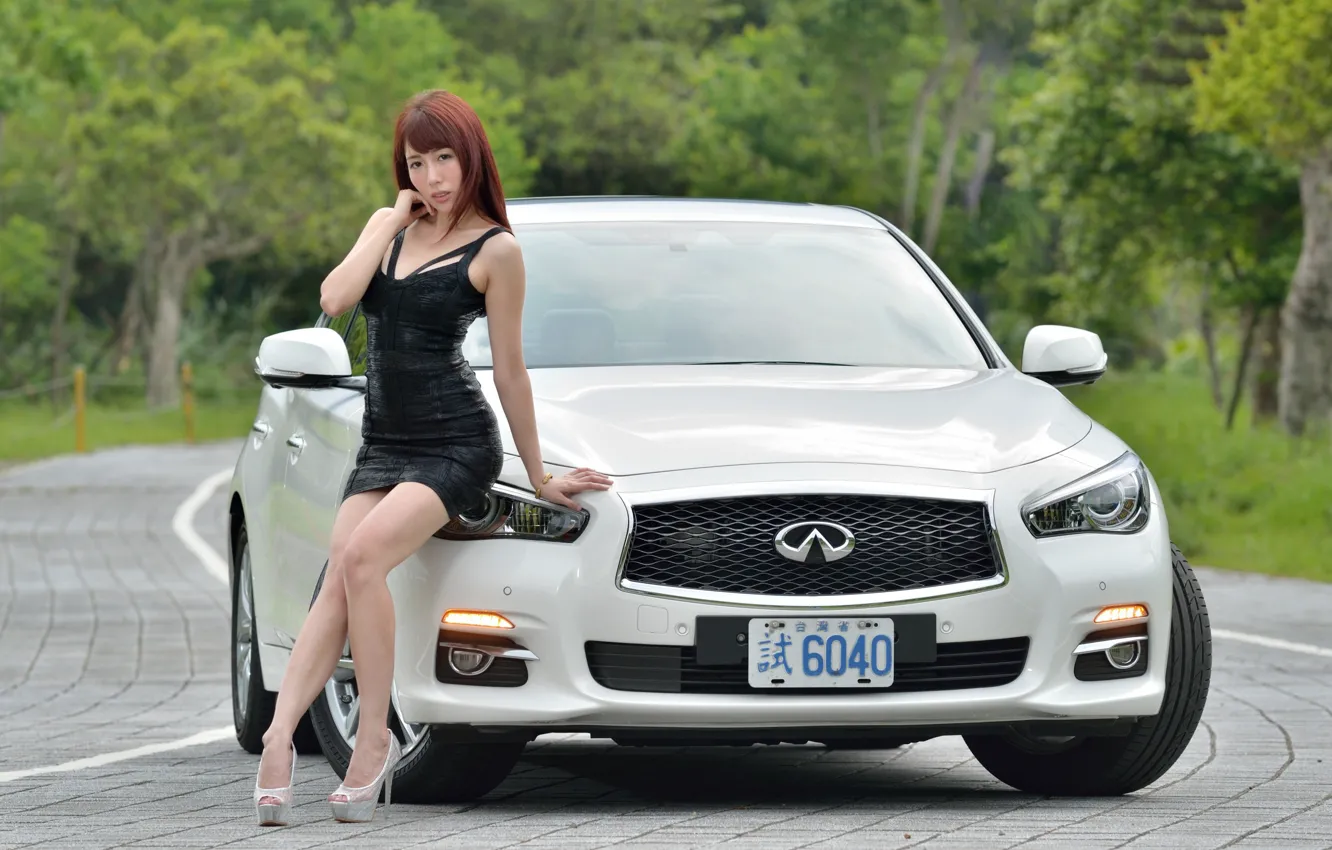 Photo wallpaper look, girl, Asian, beautiful girl, white car, Infiniti Q50, posing on the car