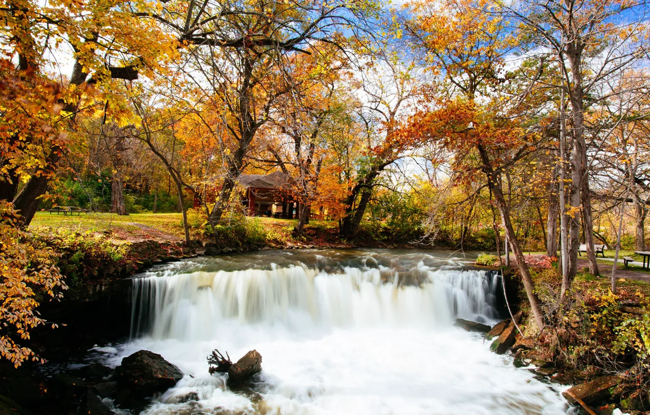 Photo wallpaper United States, river, bridge, autumn, leaves, waterfall, autumn colors, Minnesota