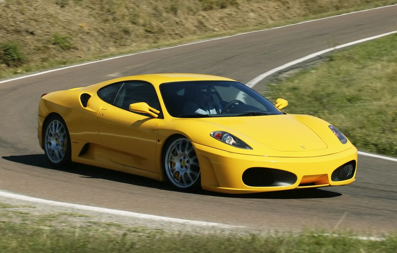 Photo wallpaper road, yellow, turn, Ferrari, F430, Ferrari, supercar, the front