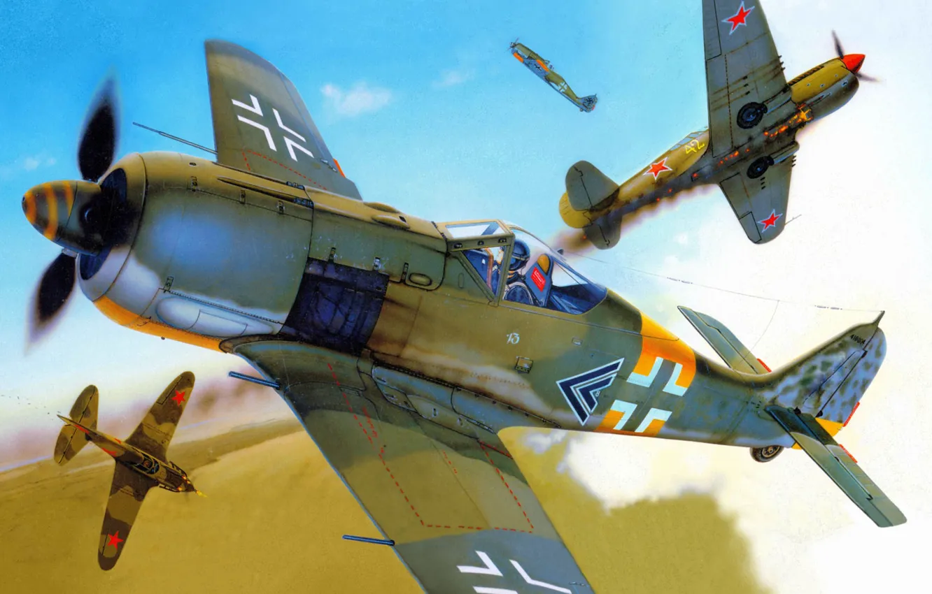 Photo wallpaper war, figure, dogfight, Focke-Wulf, fighter-attack aircraft, Fw 190 A-5