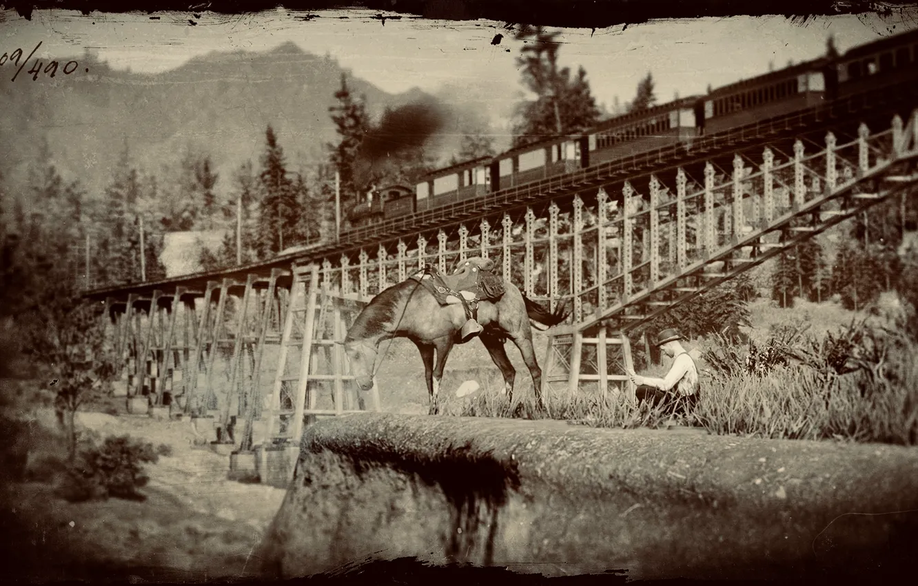 Photo wallpaper HDR, game, trees, bridge, wood, mountain, man, train