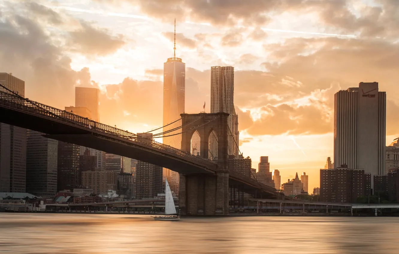 Photo wallpaper sunset, bridge, the city, river, Brooklyn, USA