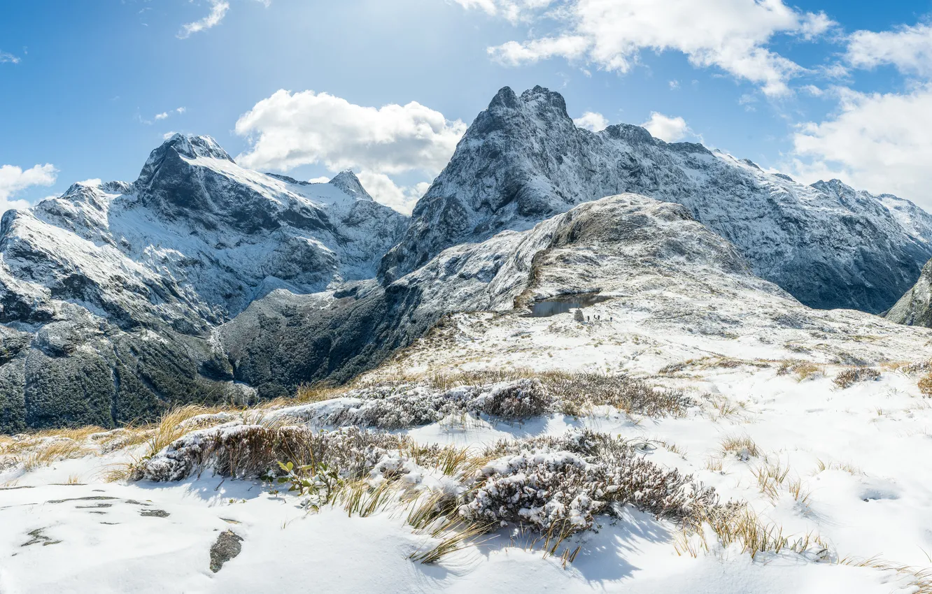 Photo wallpaper snow, mountains, rocks