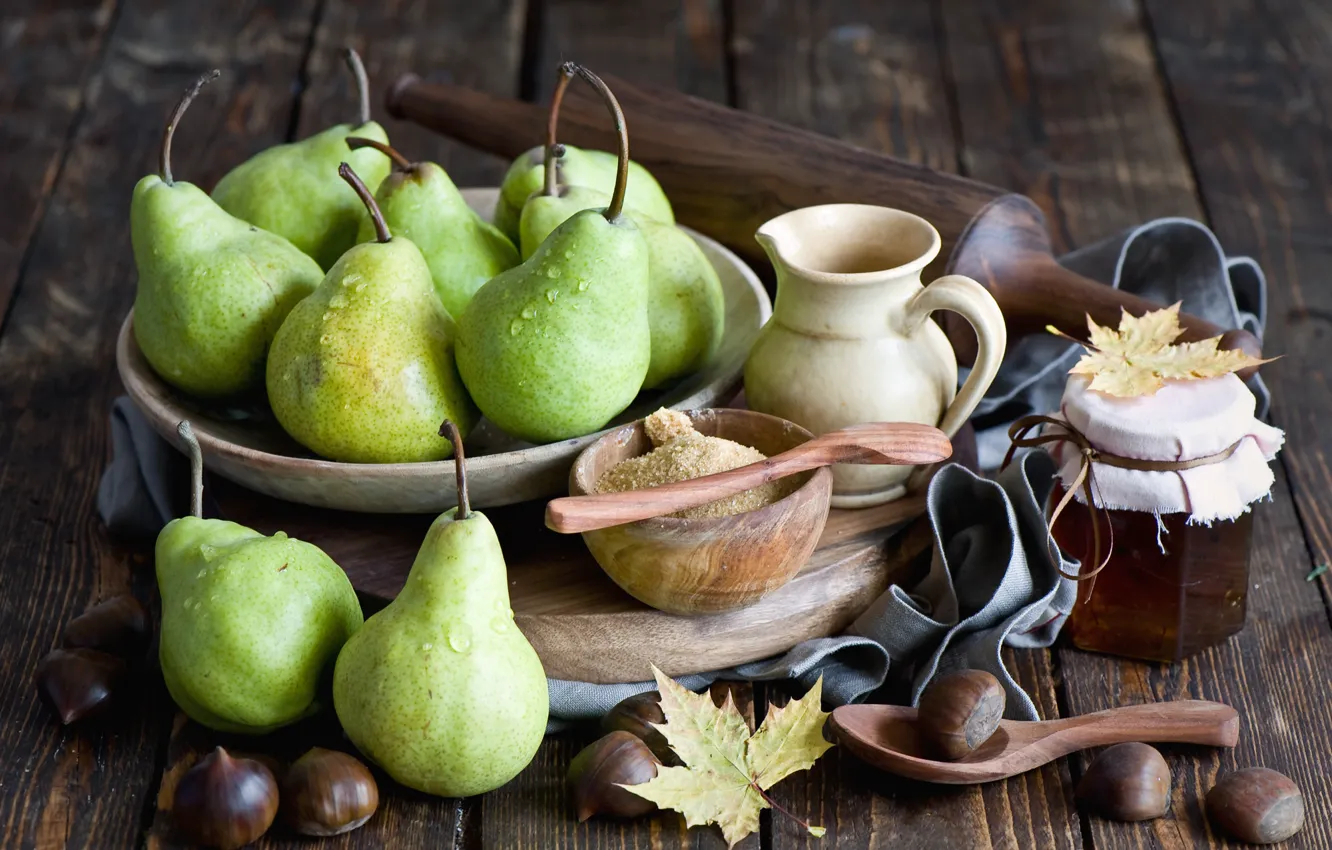 Photo wallpaper autumn, leaves, honey, fruit, still life, pear, jar, chestnuts