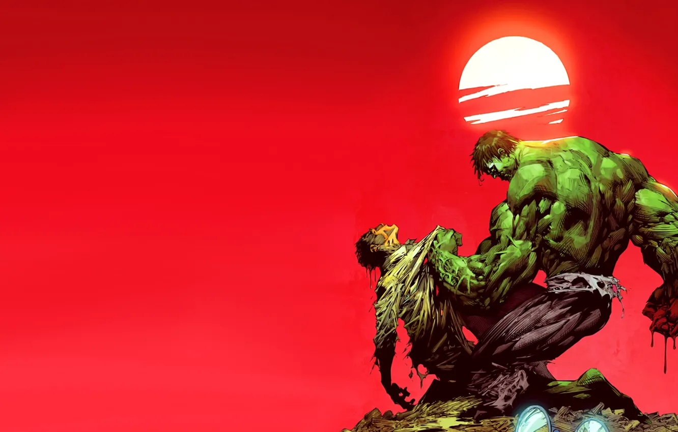Photo wallpaper the sun, sunset, red, green, blood, glasses, Hulk, Hulk