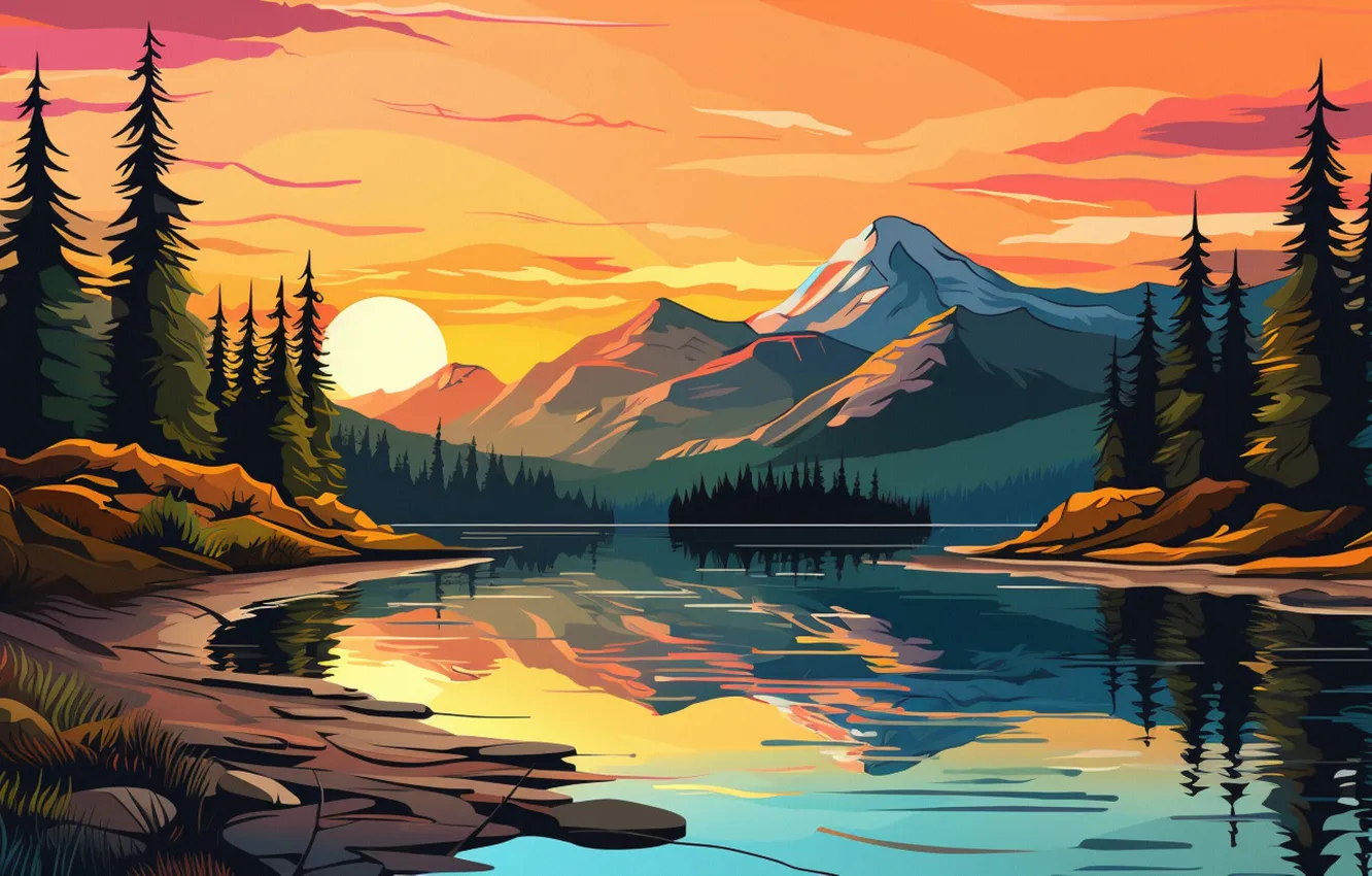 Photo wallpaper forest, the sky, the sun, clouds, landscape, mountains, reflection, shore