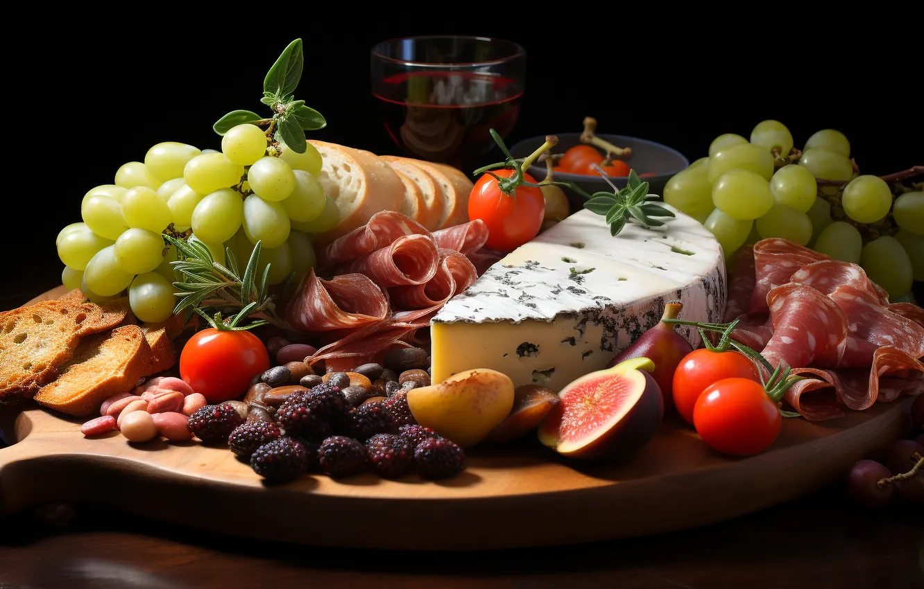 Photo wallpaper cheese, grapes, meat, fruit, still life, ham, AI art, neural network