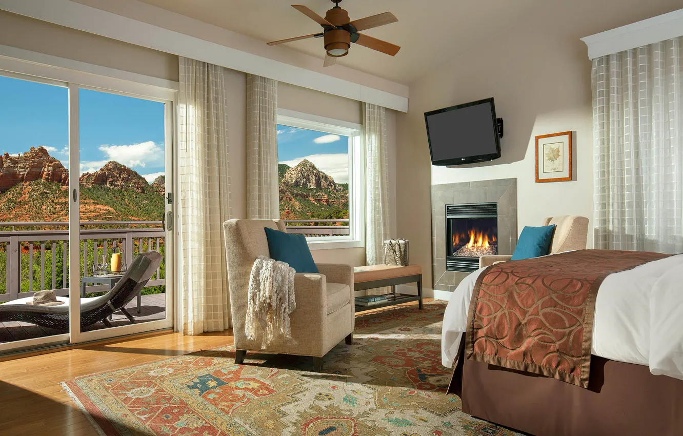 Photo wallpaper interior, fireplace, bedroom, Luxury Accommodations, Vista Cottages, The Inn of Sedona