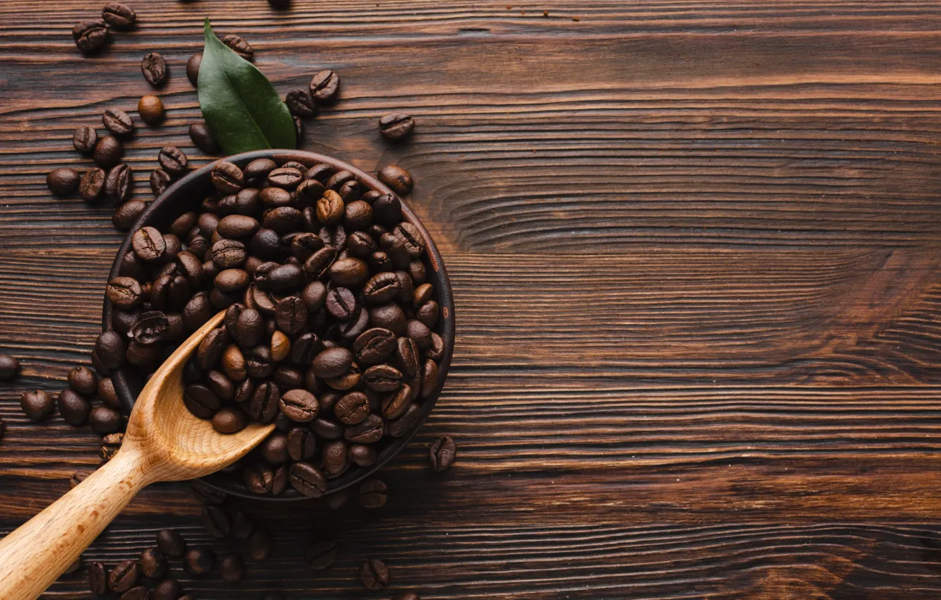 Photo wallpaper Board, leaf, coffee, bowl, coffee beans, scoop