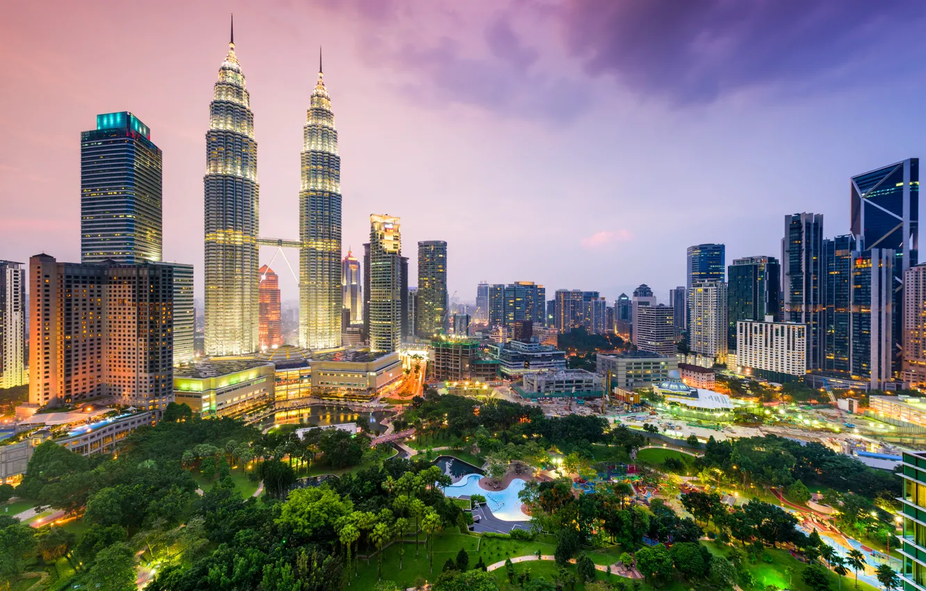 Photo wallpaper night, skyscrapers, megapolis, Malaysia, Kuala Lumpur