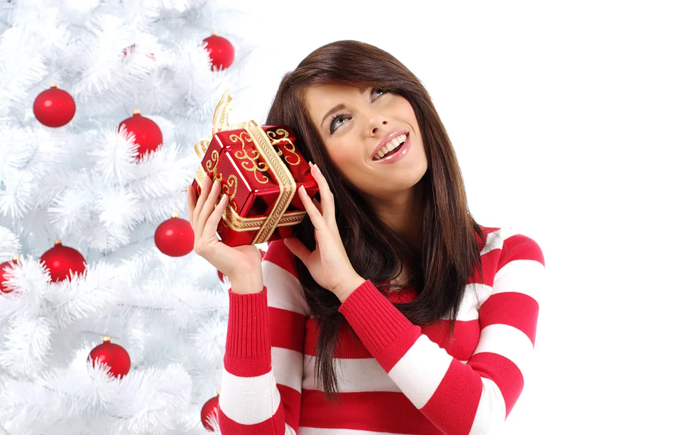 Photo wallpaper girl, holiday, balls, toy, tree, new year, brunette, bow