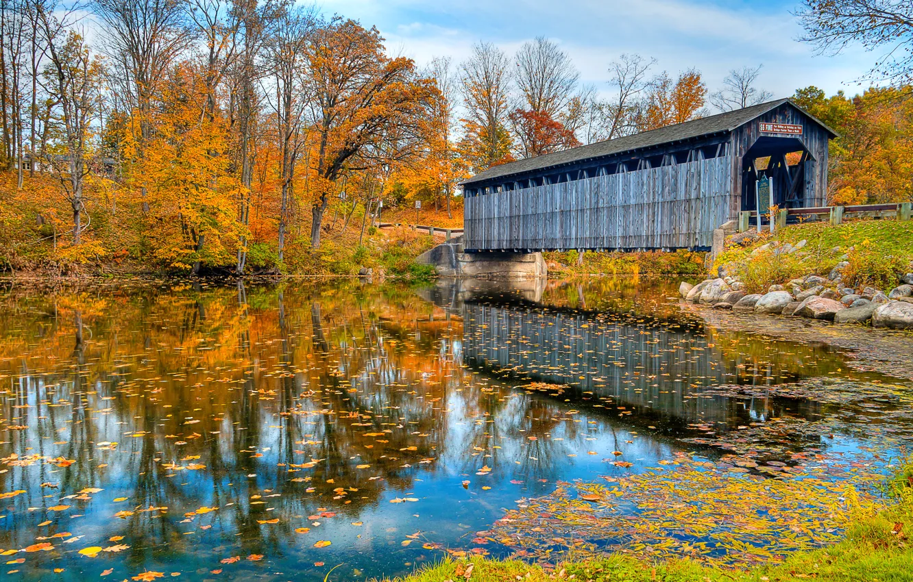 Photo wallpaper autumn, bridge, nature, river