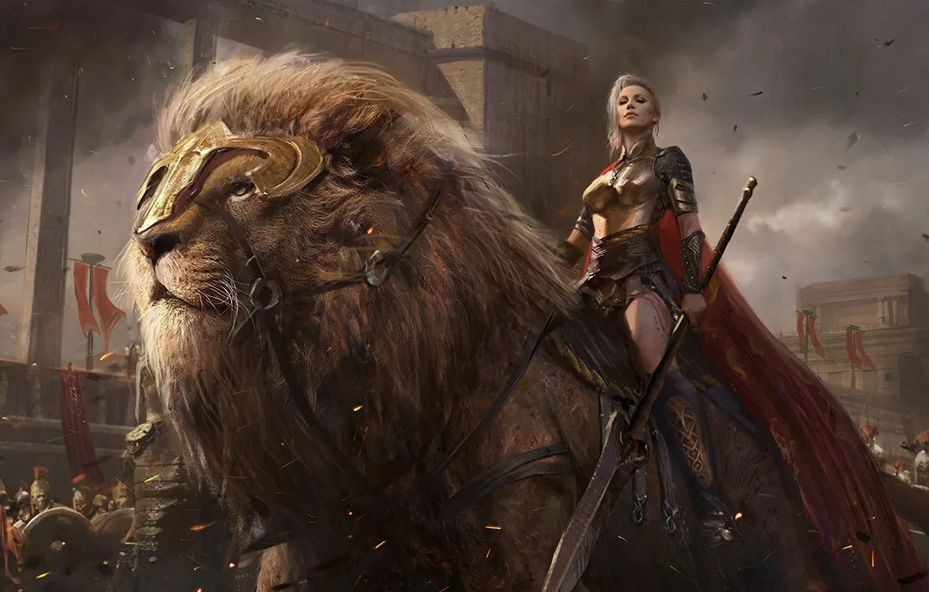 Photo wallpaper lion, power, army, ken, men, weapons, shield, swords