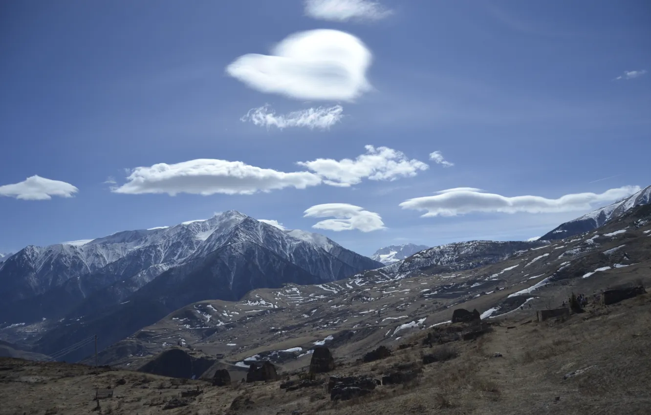Photo wallpaper the sky, grass, the sun, clouds, snow, trees, landscape, mountains