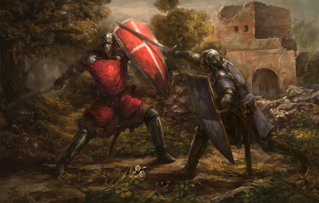 Photo wallpaper sword, armor, ruins, the battle, shield, warriors, the middle ages, knights