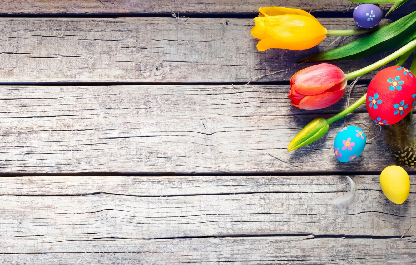 Photo wallpaper flowers, eggs, spring, colorful, Easter, happy, wood, flowers
