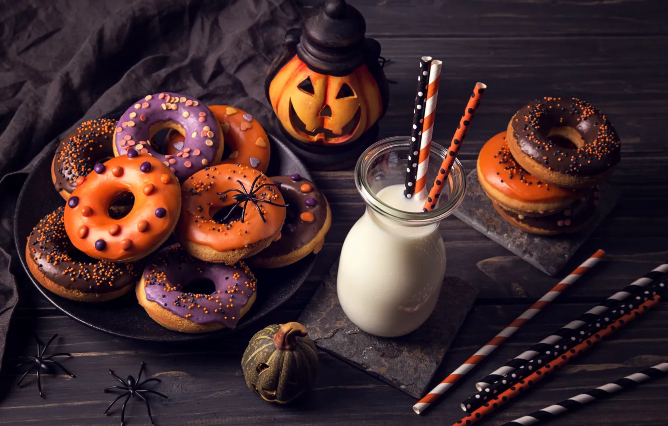 Photo wallpaper glass, food, milk, pumpkin, Halloween, donuts, cakes