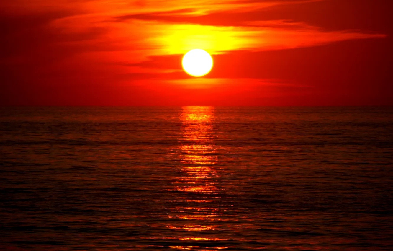 Photo wallpaper sea, water, the sun, sunset, white, orange, cloud, yellow