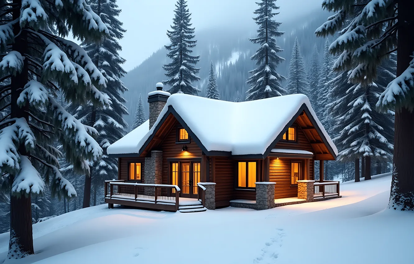 Photo wallpaper winter, forest, snow, hut, forest, winter, snow, cozy